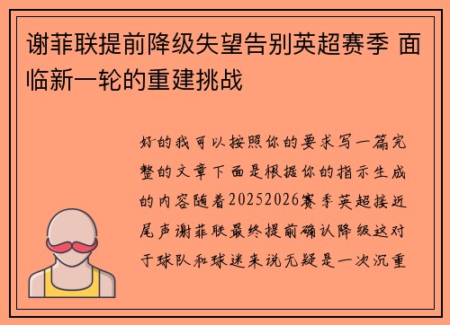 谢菲联提前降级失望告别英超赛季 面临新一轮的重建挑战
